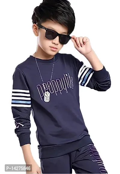 Stylish Cotton Navy Blue Printed Round Neck Long Sleeves T-shirt For Boys-thumb0