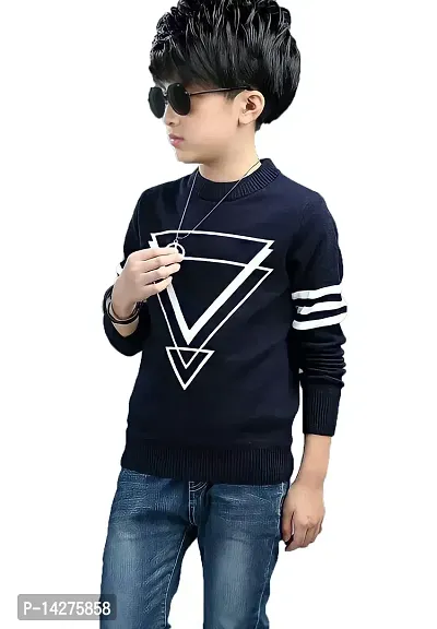 Stylish Cotton Navy Blue Printed Round Neck Long Sleeves T-shirt For Boys
