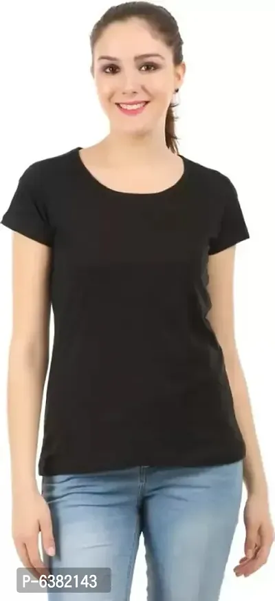 Stylish Black Cotton Spandex Solid Round Neck Tees For Women-thumb0
