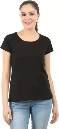 Stylish Black Cotton Spandex Solid Round Neck Tees For Women