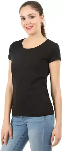 Stylish Black Cotton Spandex Solid Round Neck Tees For Women-thumb1