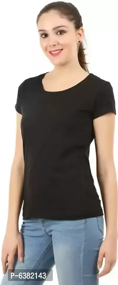 Stylish Black Cotton Spandex Solid Round Neck Tees For Women-thumb2