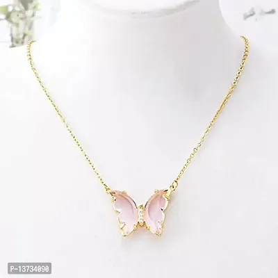 Vembley Lovely Gold Plated Pink Crystal Butterfly Pendant Necklace for Women and Girls-thumb5