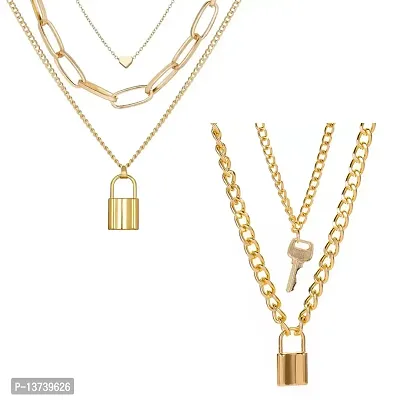 Vembley Combo of 2 Charming Gold PLated Layered Heart  Key Lock Pendant Necklace For Women and Girls
