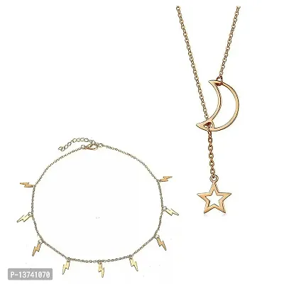 Vembley Combo Of 2 Pretty Gold Plated Moon Dropping Star and Thunder Storms Pendant Necklace For Women and Girls-thumb0