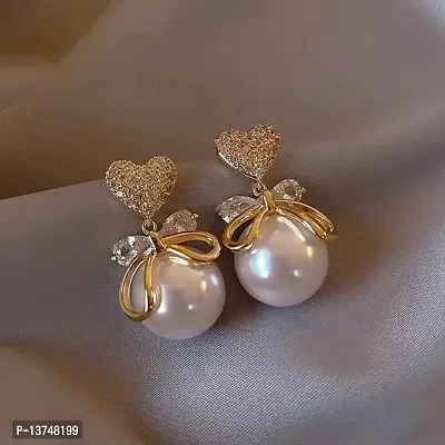 Vembley Korean White Pearl Studded Bow Heart Drop Earrings For Girls And Women-thumb3