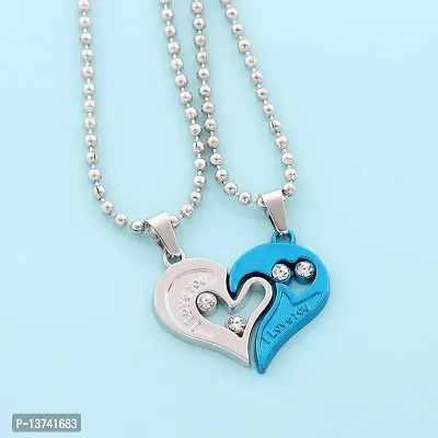 Vembley Loveable Blue Silver Stainless Steel I Love You Broken Heart Pendant Necklace-thumb3