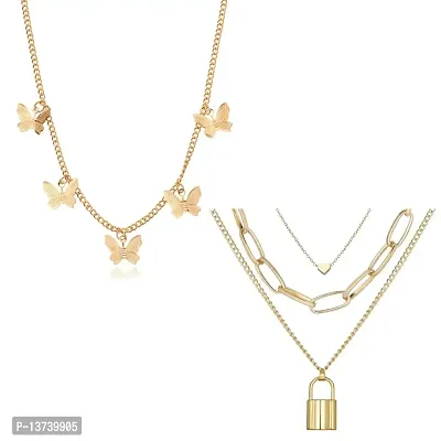 Vembley Combo of 2 Gold Plated Butterfly and Multi Layered Star, World Pendant Necklace For Women and Girls