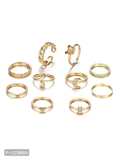 Gold Plated 10 Piece Multi Design Ring Set
