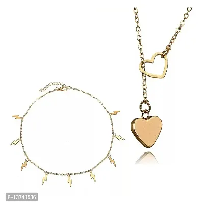 Vembley Pack Of 2 Stunning Gold Plated Y-Shaped Drop and Thunder Storms Heart Pendant Necklace For Women and Girls