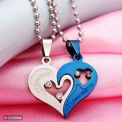 Vembley 2 Pcs Blue-Silver Heart I Love You Couple Pendant Necklace For Men And Women-thumb2