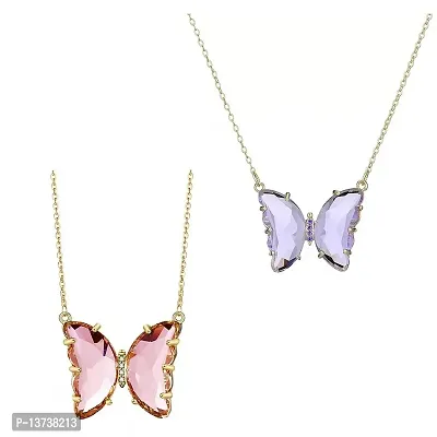 Vembley Pack Of 2 Charming Gold Plated Purple  Pink Crystal Butterfly Pendant Necklace For Women and Girls-thumb0