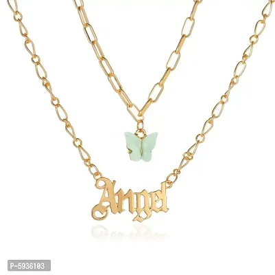 Charming Gold Plated Double Layered Blue Butterfly and Angel Word Necklace For Women
