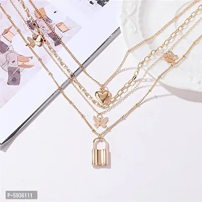 Charming Gold Plated Multi Layered Heart and Butterfly Necklace For Women