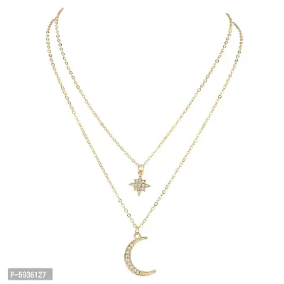 Stunning Gold Plated Double Layered Star and Moon Pendant Necklace For Women