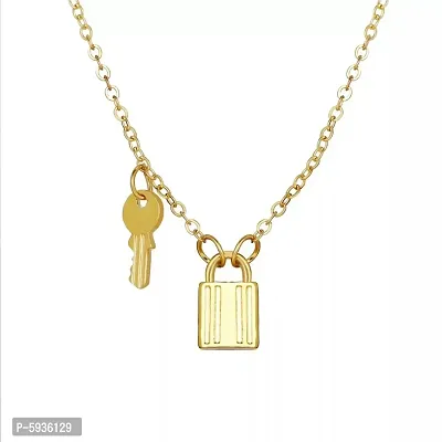 Charming Gold Plated Lock and Key Pendant Necklace For Women-thumb0