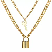 Charming Gold Plated Double Layered Lock and Key Pendant Necklace For Women-thumb2