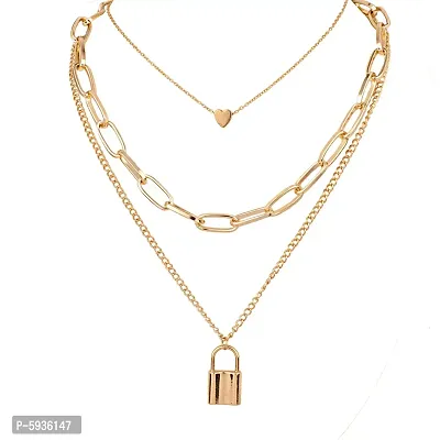 Stunning Gold Plated Triple Layered Heart and Lock Pendant Necklace For Women