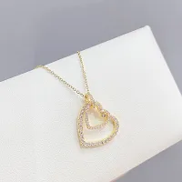 Pretty Gold Plated Zircon Studded Double Heart Pendant Necklace For Women-thumb2