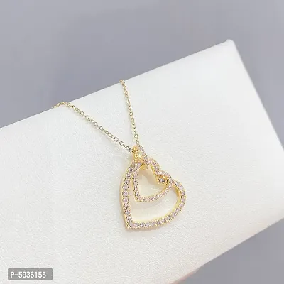 Pretty Gold Plated Zircon Studded Double Heart Pendant Necklace For Women-thumb3