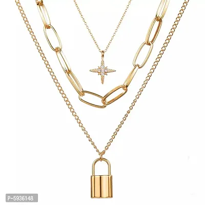 Lovely Gold Plated Triple Layered Star and Lock Pendant Necklace For Women