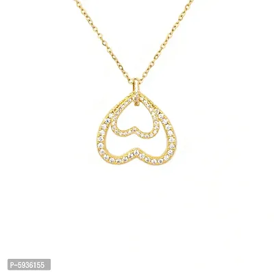 Pretty Gold Plated Zircon Studded Double Heart Pendant Necklace For Women