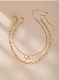 Pretty Gold Plated Double Layered Chunky Chain Link and Double Circle Ring Pendant Necklace For Women-thumb2