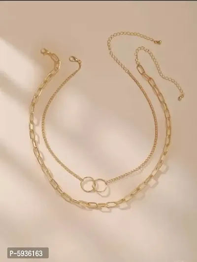 Pretty Gold Plated Double Layered Chunky Chain Link and Double Circle Ring Pendant Necklace For Women-thumb3