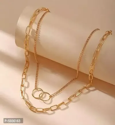 Pretty Gold Plated Double Layered Chunky Chain Link and Double Circle Ring Pendant Necklace For Women-thumb2