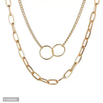 Pretty Gold Plated Double Layered Chunky Chain Link and Double Circle Ring Pendant Necklace For Women