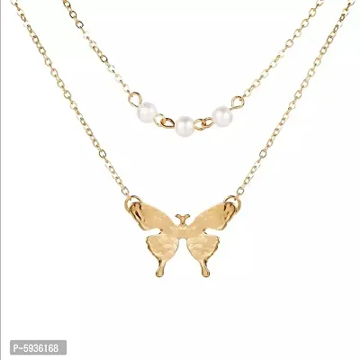 Lovely Gold Plated Double Layered Pearls and Butterfly Pendant Necklace For Women