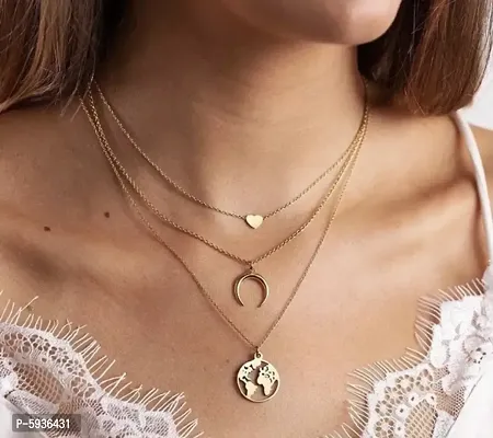 Attractive Gold Plated Triple Layered Moon Star And Moon Heart Earth Pendant Necklace For Women And Girls(Pack Of 2)-thumb3