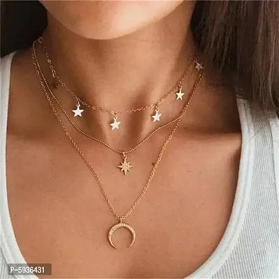 Attractive Gold Plated Triple Layered Moon Star And Moon Heart Earth Pendant Necklace For Women And Girls(Pack Of 2)-thumb2