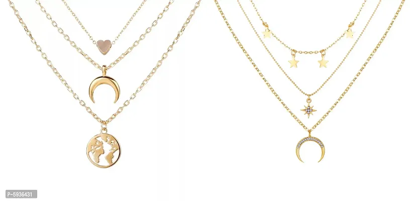 Attractive Gold Plated Triple Layered Moon Star And Moon Heart Earth Pendant Necklace For Women And Girls(Pack Of 2)