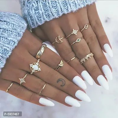 Gold Plated Seven Piece White Crystal Eye Moon Star Crown Multi Designs Ring Set For women and Grils.