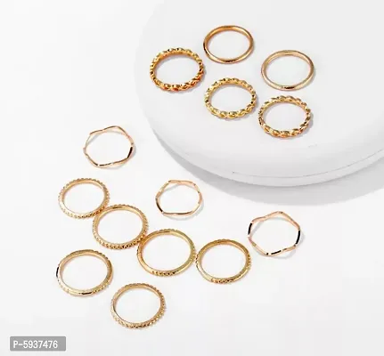 Gold Plated Fourteen Piece Plain Chain Multi Designs Ring Set For Women and Grils.-thumb3