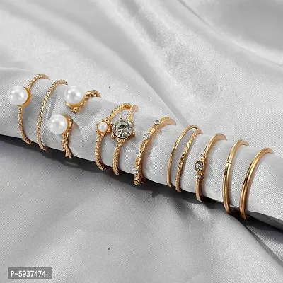 Gold Plated Eight Piece Western Simple Pearl And Diamond Open Joint Tail Ring Set For Women and Grils.-thumb2