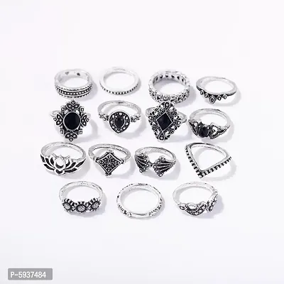 Silver Plated Fifteen Piece Vintage Floral Designs Plushy Ring Set For Women and Grils.-thumb3