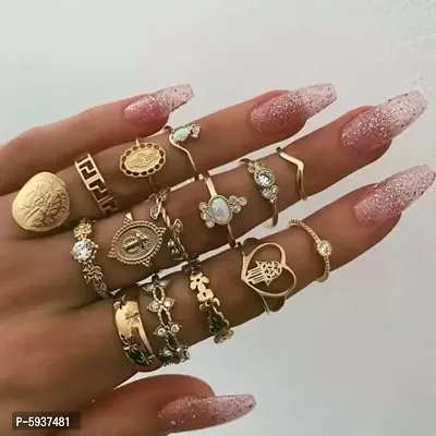 Gold Plated Fifteen Piece Vintage Coin Knuckle Cross Good Luck Gemstone Ring Set For Women and Grils.