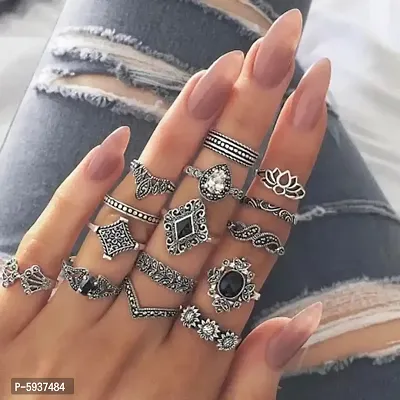 Silver Plated Fifteen Piece Vintage Floral Designs Plushy Ring Set For Women and Grils.-thumb0