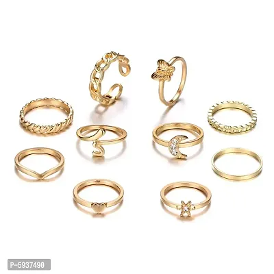 Gold Plated 10 Piece Moon Star Heart Butterfly Chain Ring Set For Women And Girls.-thumb3