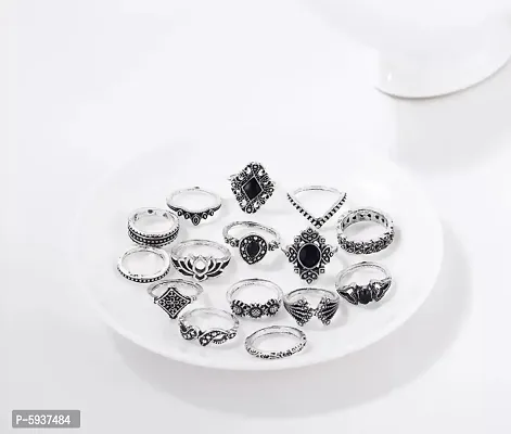 Silver Plated Fifteen Piece Vintage Floral Designs Plushy Ring Set For Women and Grils.-thumb4