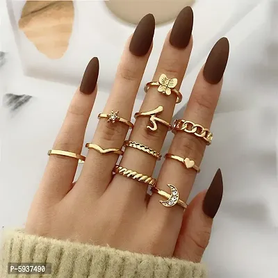 Gold Plated 10 Piece Moon Star Heart Butterfly Chain Ring Set For Women And Girls.