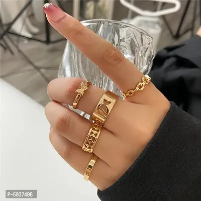 Gold Plated 5 Piece Butterfly Chain Cuts Ring Set For Women And Girls.