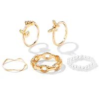 Gold Plated 5 Piece Butterfly Flower Pearl Chain Ring Set For Women And Girls.-thumb2