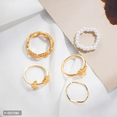 Gold Plated 5 Piece Butterfly Flower Pearl Chain Ring Set For Women And Girls.-thumb2