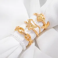 Gold Plated 5 Piece Butterfly Flower Pearl Chain Ring Set For Women And Girls.-thumb3