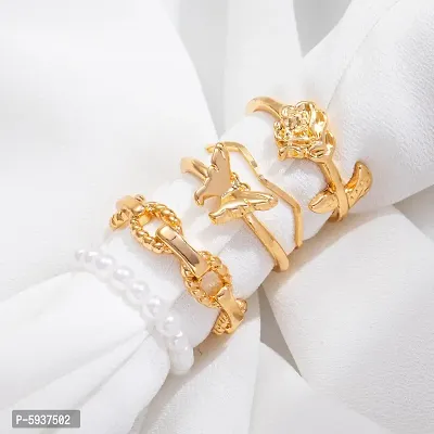 Gold Plated 5 Piece Butterfly Flower Pearl Chain Ring Set For Women And Girls.-thumb4