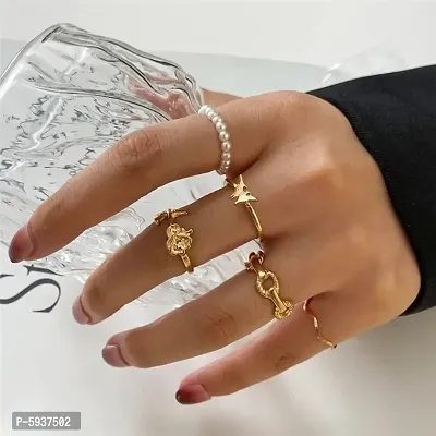 Gold Plated 5 Piece Butterfly Flower Pearl Chain Ring Set For Women And Girls.-thumb0