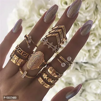 Gold Plated 13 Piece Cross Border With Dimond Studde Simple Pattern Ring Set For Women And Girls.